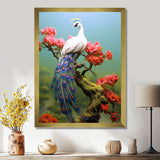 White Peacock On Branch With Red Flowers - Peacock Canvas Wall Art