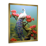 White Peacock On Branch With Red Flowers - Peacock Canvas Wall Art
