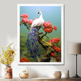 White Peacock On Branch With Red Flowers - Peacock Canvas Wall Art