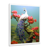 White Peacock On Branch With Red Flowers - Peacock Canvas Wall Art