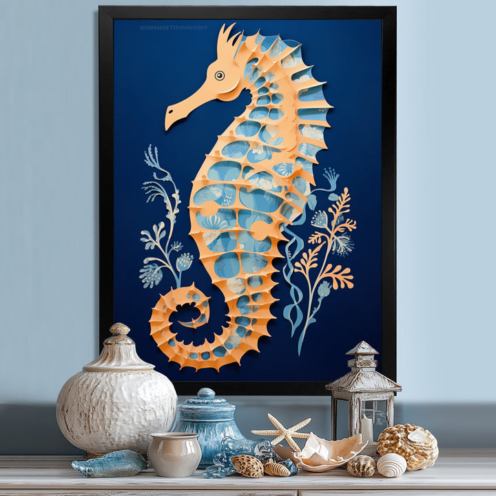 Gilded Blue Seahorse On Deep Blue - Blue Seahorse Wall Art