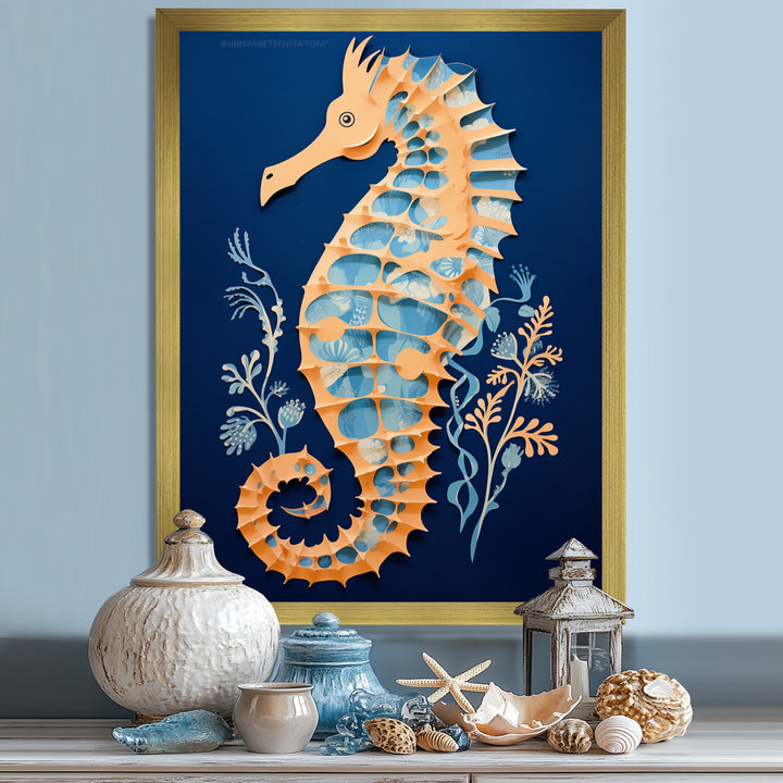 Gilded Blue Seahorse On Deep Blue - Blue Seahorse Wall Art