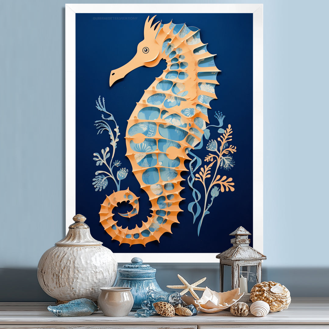 Gilded Blue Seahorse On Deep Blue - Blue Seahorse Wall Art