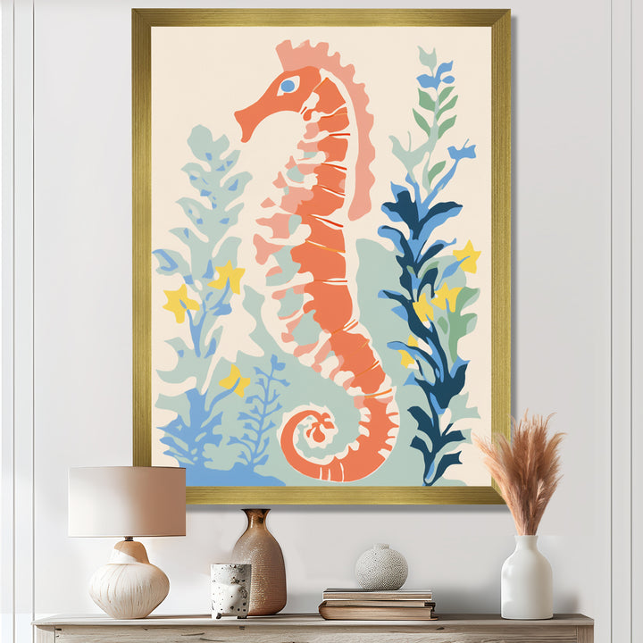 Orange Deep Ocean Seahorse Retro Illustration - Blue Seahorse Wall Art