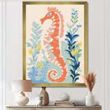 Orange Deep Ocean Seahorse Retro Illustration - Blue Seahorse Wall Art