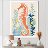 Orange Deep Ocean Seahorse Retro Illustration - Blue Seahorse Wall Art