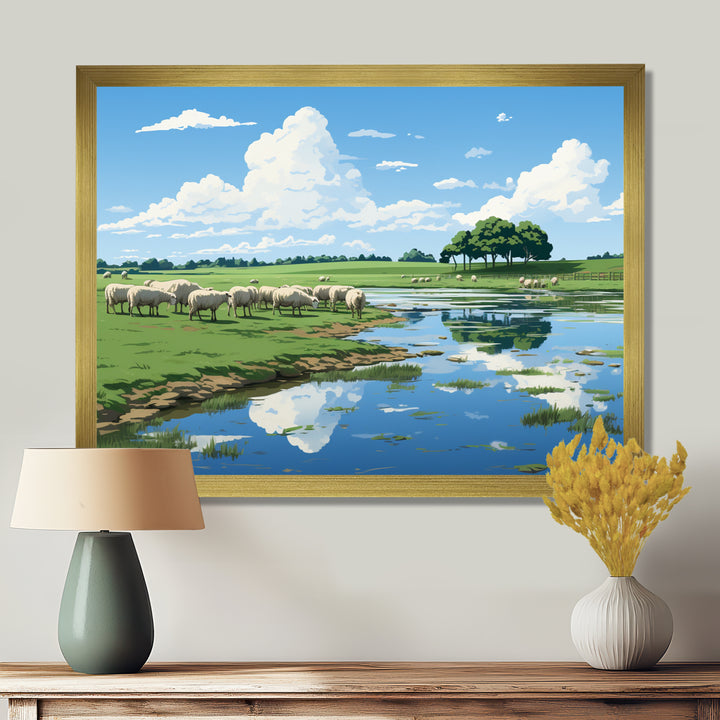 Herd Of Sheep Grazing By The River - Sheep Living Room Wall Art