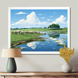 Herd Of Sheep Grazing By The River - Sheep Living Room Wall Art