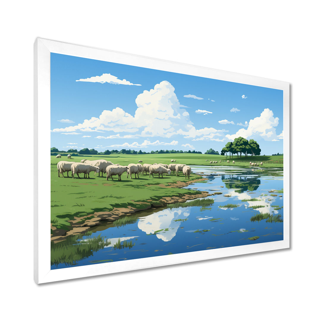 Herd Of Sheep Grazing By The River - Sheep Living Room Wall Art