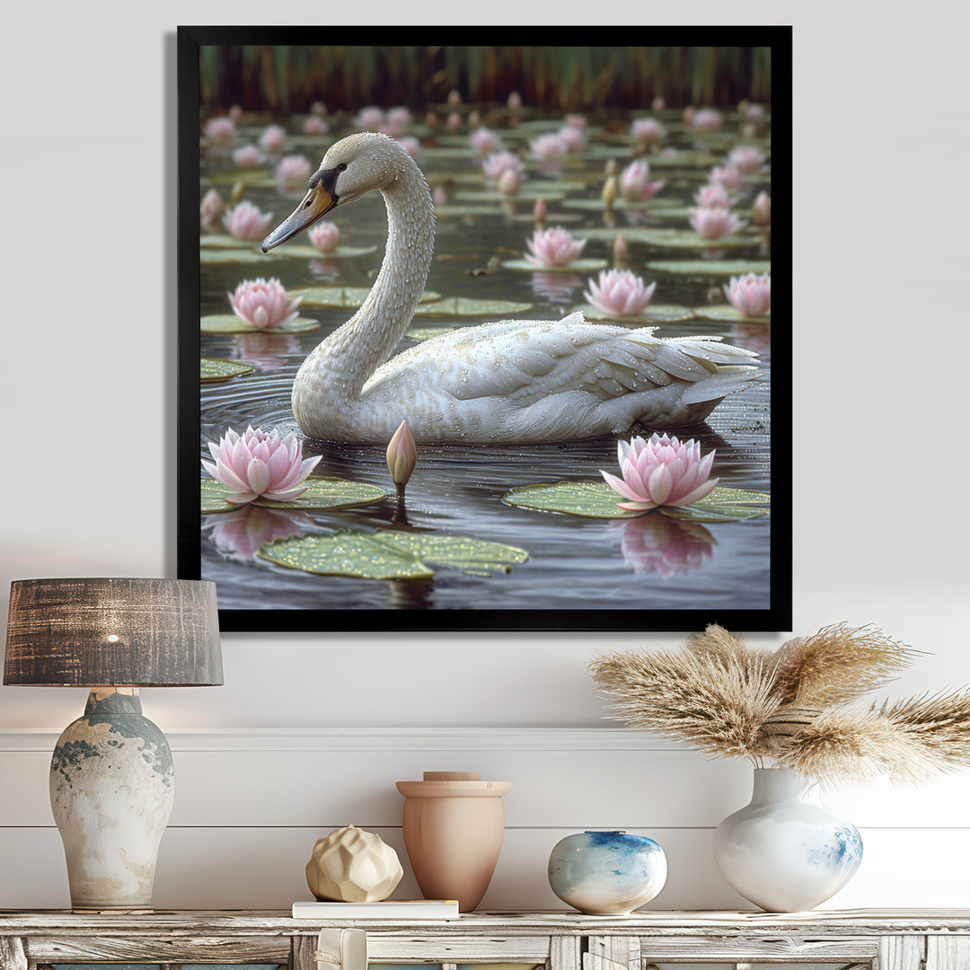 White Swan In Pond Blossoming Pink Lotus - Swans Canvas Wall Art