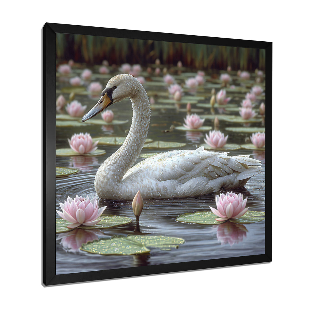 White Swan In Pond Blossoming Pink Lotus - Swans Canvas Wall Art