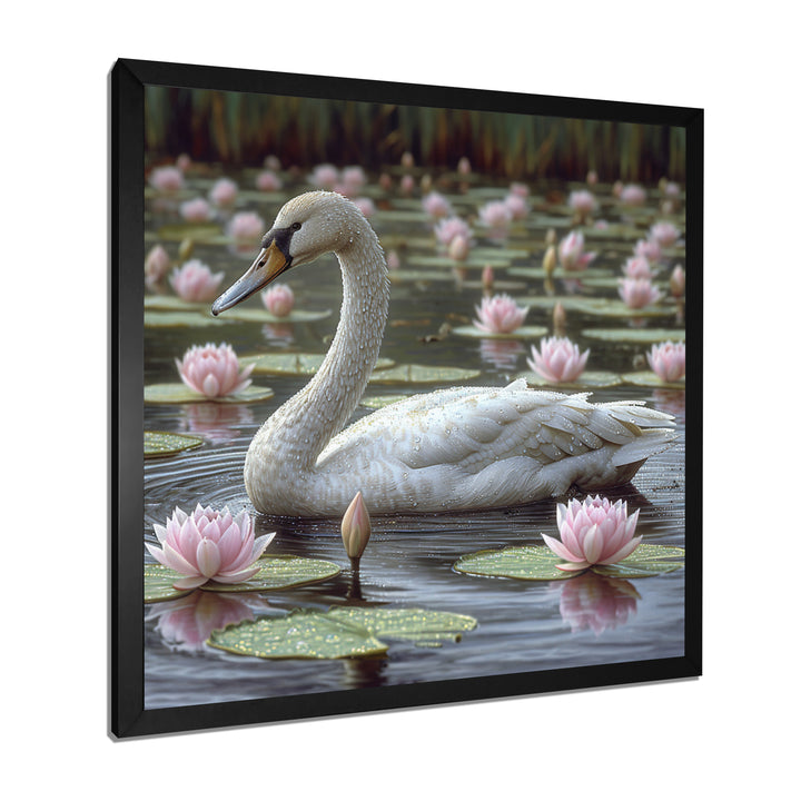 White Swan In Pond Blossoming Pink Lotus - Swans Canvas Wall Art