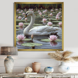 White Swan In Pond Blossoming Pink Lotus - Swans Canvas Wall Art