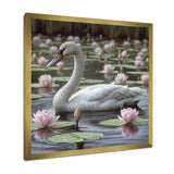 White Swan In Pond Blossoming Pink Lotus - Swans Canvas Wall Art