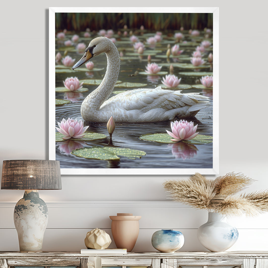 White Swan In Pond Blossoming Pink Lotus - Swans Canvas Wall Art