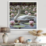 White Swan In Pond Blossoming Pink Lotus - Swans Canvas Wall Art