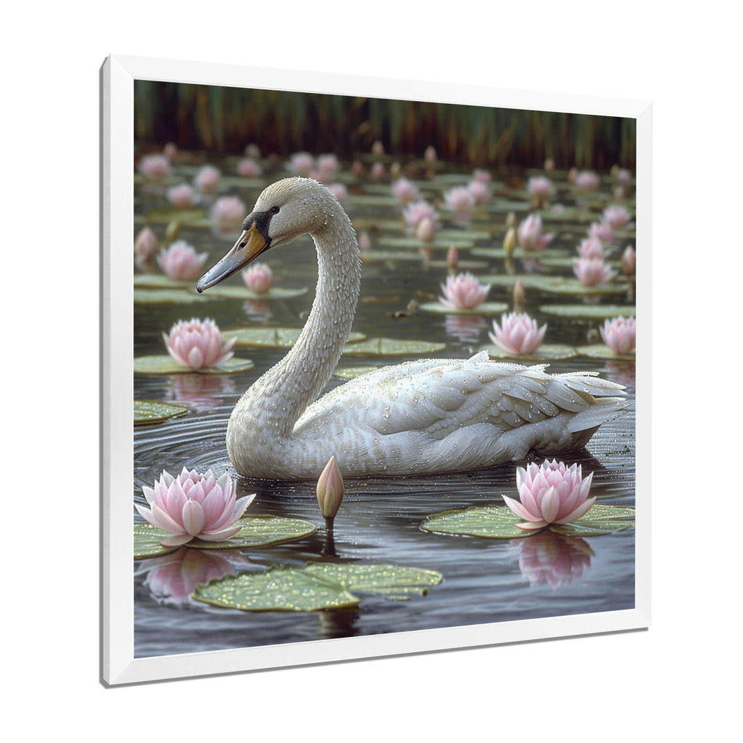 White Swan In Pond Blossoming Pink Lotus - Swans Canvas Wall Art