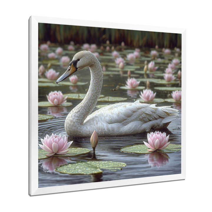 White Swan In Pond Blossoming Pink Lotus - Swans Canvas Wall Art