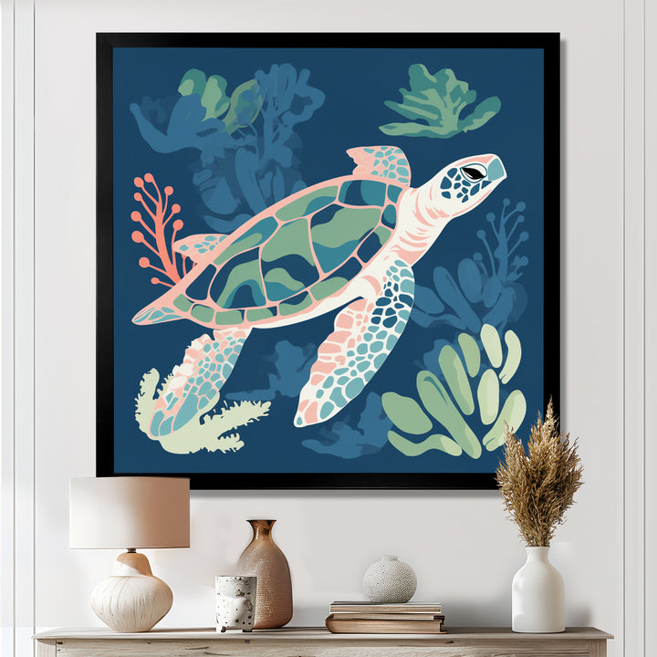 Deep Sea Turtle Swimming Retro Illustration - Turtle Bedroom Wall Art