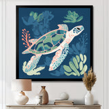 Deep Sea Turtle Swimming Retro Illustration - Turtle Bedroom Wall Art