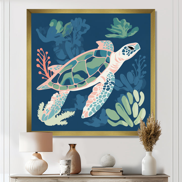 Deep Sea Turtle Swimming Retro Illustration - Turtle Bedroom Wall Art