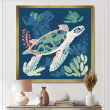 Deep Sea Turtle Swimming Retro Illustration - Turtle Bedroom Wall Art