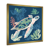 Deep Sea Turtle Swimming Retro Illustration - Turtle Bedroom Wall Art