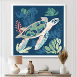 Deep Sea Turtle Swimming Retro Illustration - Turtle Bedroom Wall Art