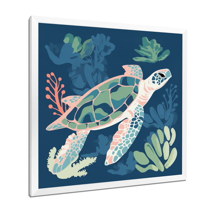 Deep Sea Turtle Swimming Retro Illustration - Turtle Bedroom Wall Art