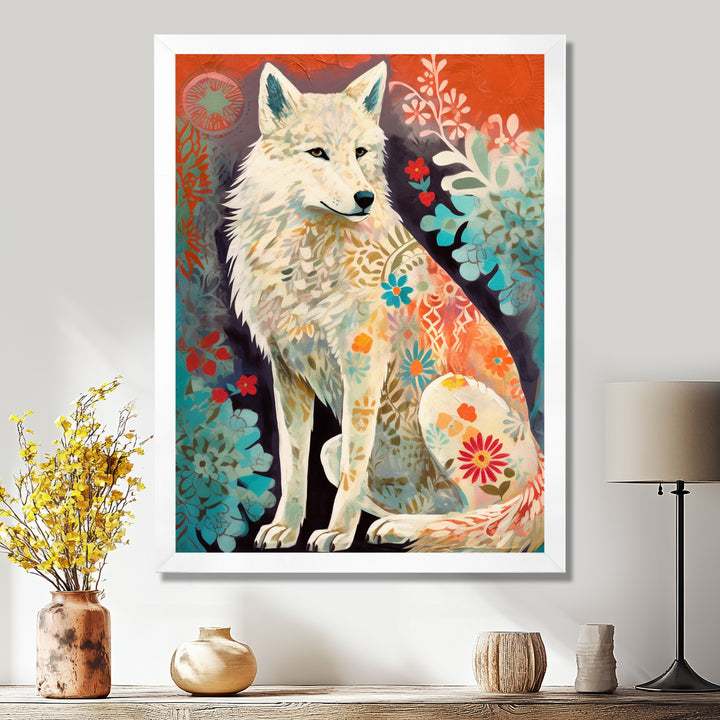 Powerful White Owl In Boho Forest Retro Illustration - Wolf Canvas Wall Art