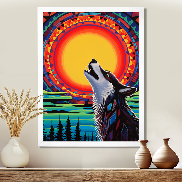Wolf Howling At The Full Moon Ethnic Retro - Wolf Wall Decor