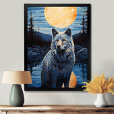 White Wolf Under The Full Moon By The Forest River Retro - Wolf Wall Decor