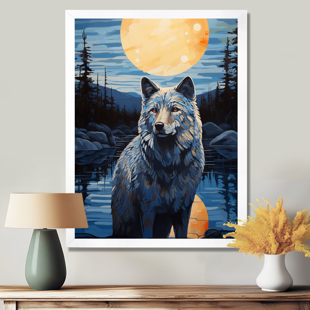 White Wolf Under The Full Moon By The Forest River Retro - Wolf Wall Decor