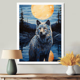 White Wolf Under The Full Moon By The Forest River Retro - Wolf Wall Decor