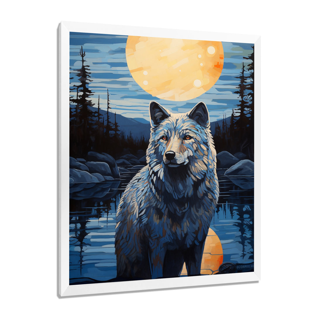 White Wolf Under The Full Moon By The Forest River Retro - Wolf Wall Decor