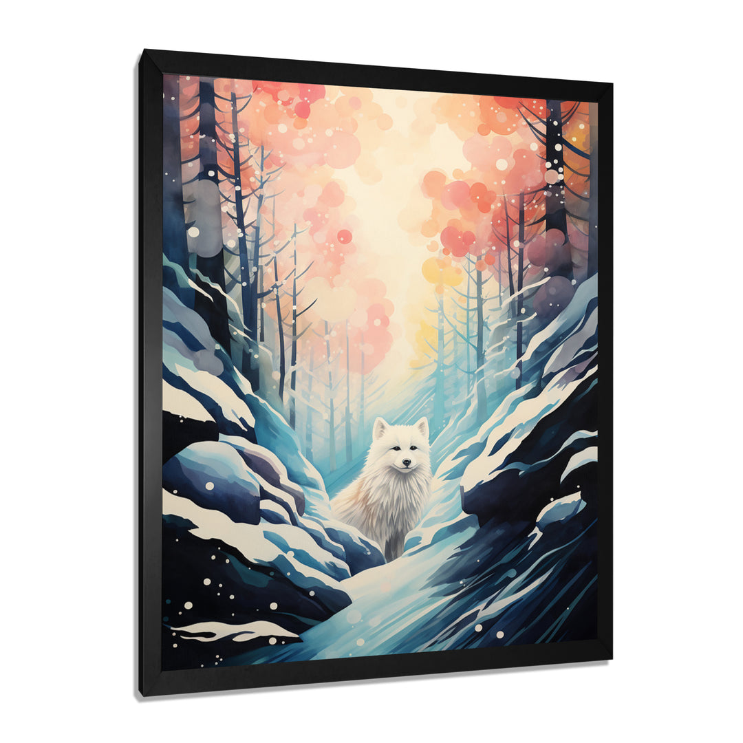 White Wolf In Snowy Forest Pastel Sunset Vintage Illustration - Wolf Wall Art Prints
