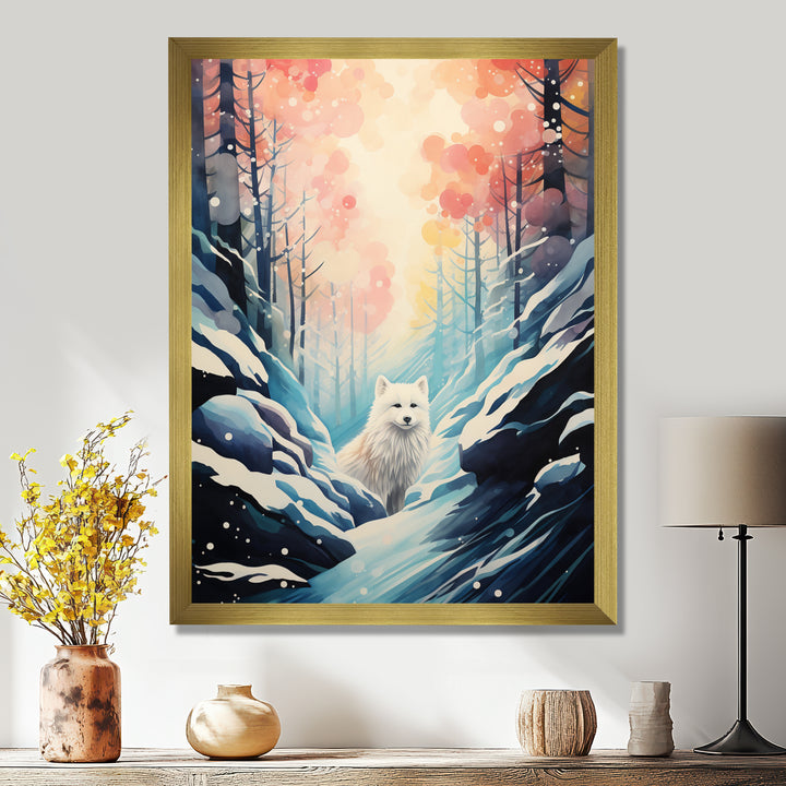 White Wolf In Snowy Forest Pastel Sunset Vintage Illustration - Wolf Wall Art Prints