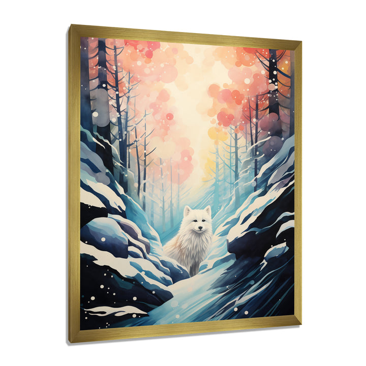 White Wolf In Snowy Forest Pastel Sunset Vintage Illustration - Wolf Wall Art Prints