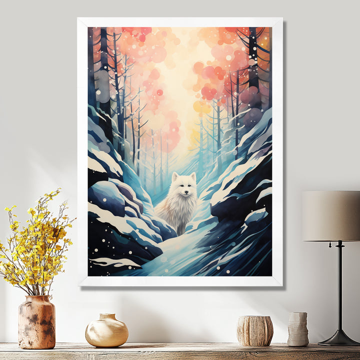 White Wolf In Snowy Forest Pastel Sunset Vintage Illustration - Wolf Wall Art Prints
