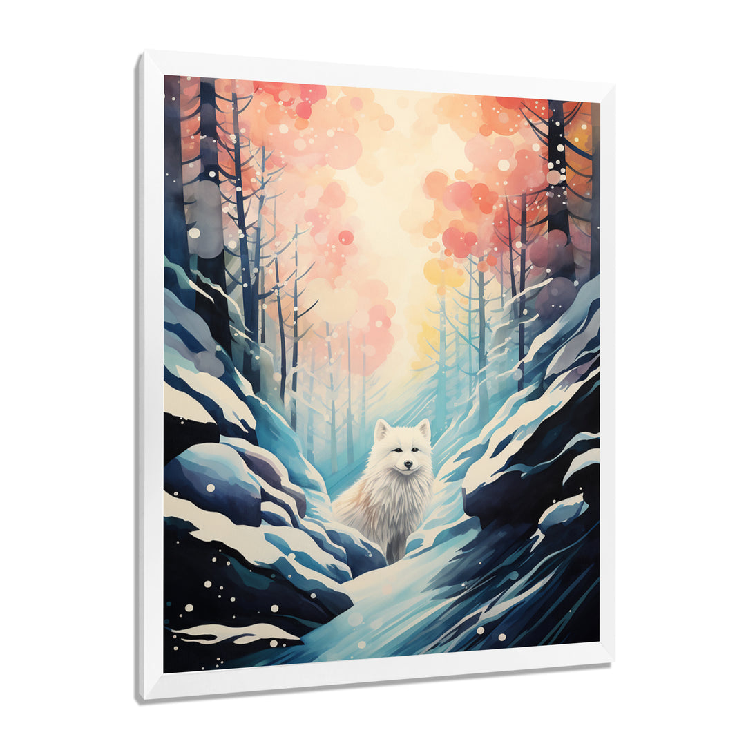 White Wolf In Snowy Forest Pastel Sunset Vintage Illustration - Wolf Wall Art Prints