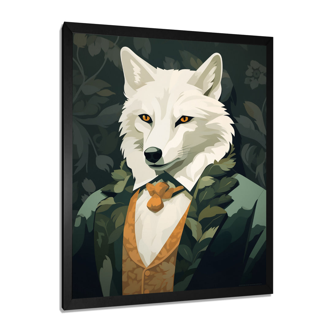 Stylish White Wolf In Green Suit - White Wolf Wall Art