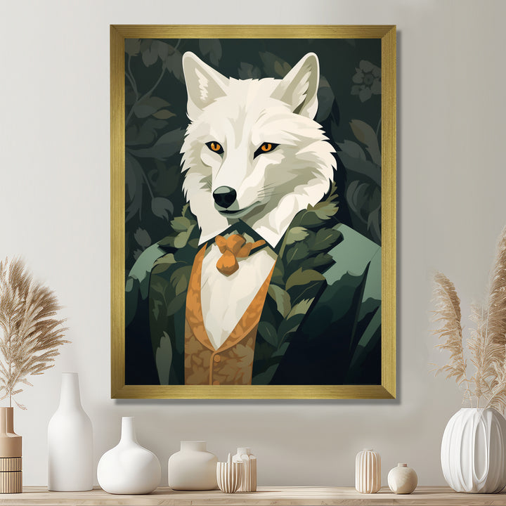Stylish White Wolf In Green Suit - White Wolf Wall Art
