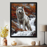 Wild Grey Wolf By Mountain River - Wolf Framed Canvas Art
