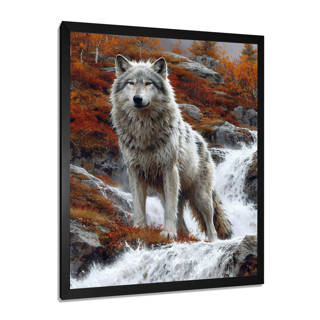 Wild Grey Wolf By Mountain River - Wolf Framed Canvas Art