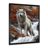 Wild Grey Wolf By Mountain River - Wolf Framed Canvas Art