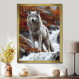 Wild Grey Wolf By Mountain River - Wolf Framed Canvas Art