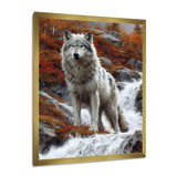 Wild Grey Wolf By Mountain River - Wolf Framed Canvas Art