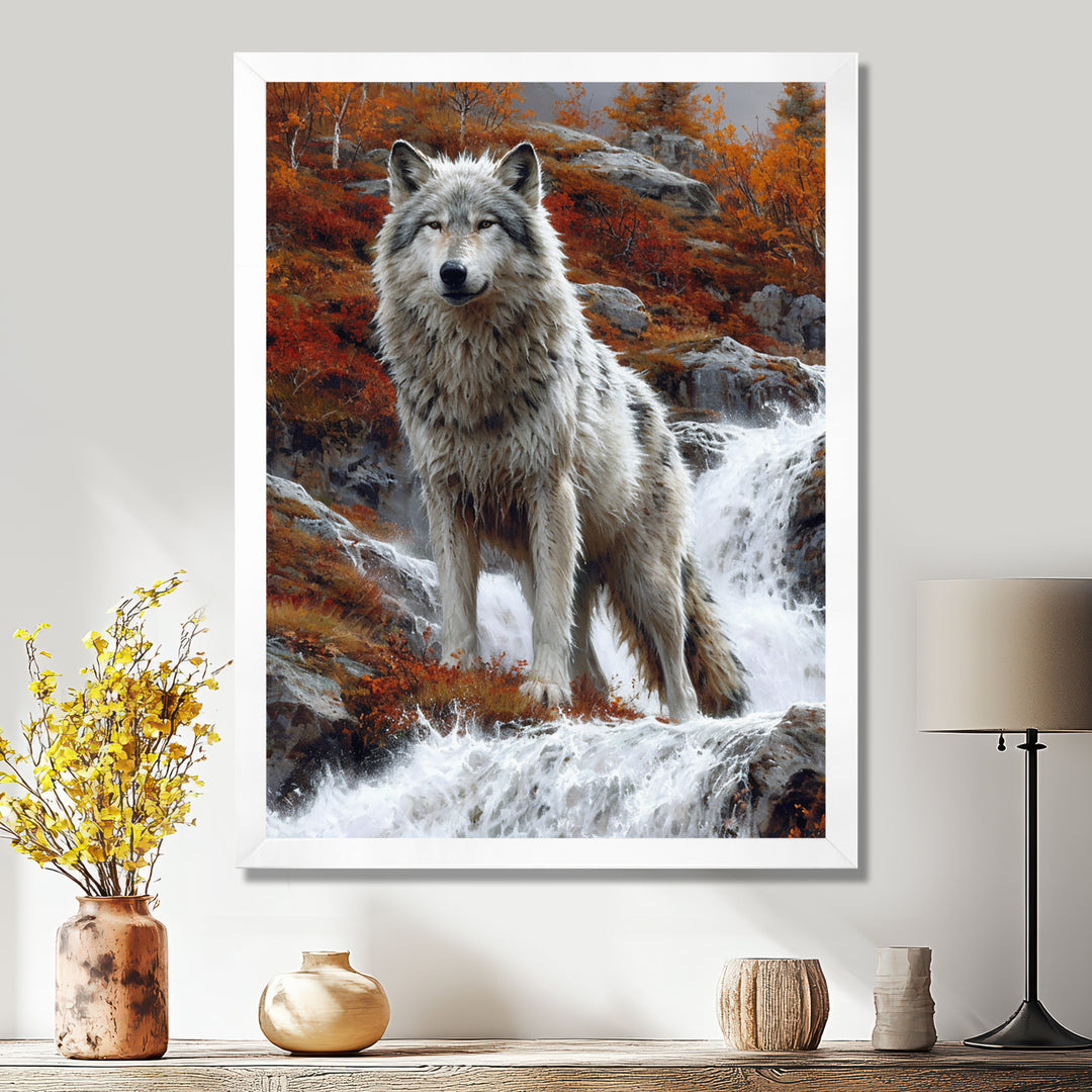Wild Grey Wolf By Mountain River - Wolf Framed Canvas Art