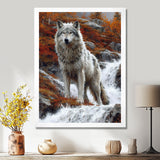 Wild Grey Wolf By Mountain River - Wolf Framed Canvas Art