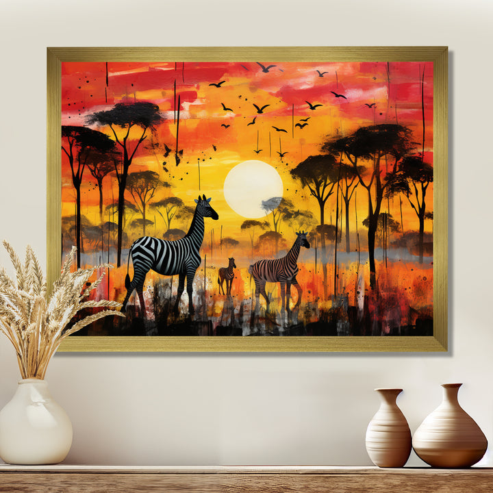 Zebra Roaming In The Savanna Under The Setting Sun - Zebra Large Canvas Wall Art